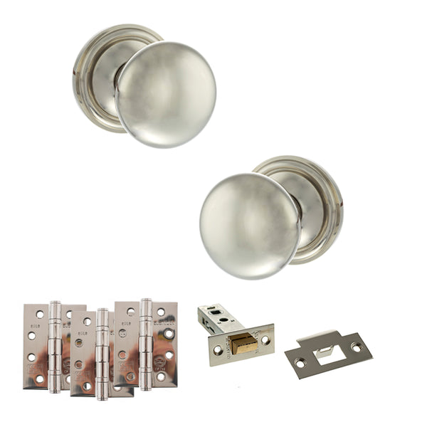 Old English Harrogate Door Knob Pack (Latch Set - 3" HD Latch, 4" Fire Rated Hinges x3) by Atlantic Hardware