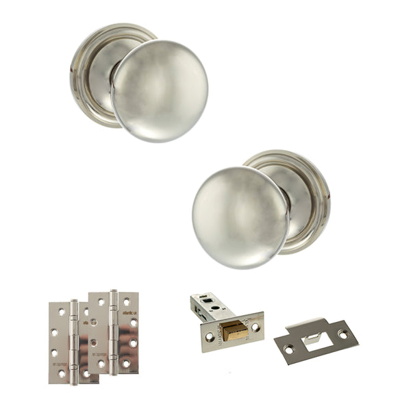 Old English Harrogate Door Knob Pack (Latch Set - 4" HD Latch, 4" Slim Knuckle Hinges x2) by Atlantic Hardware