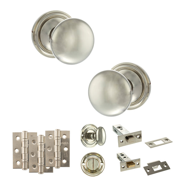 Old English Harrogate Door Knob Pack (Bathroom Set - 3" Deadbolt, 3" Fire Rated Hinges x3) by Atlantic Hardware