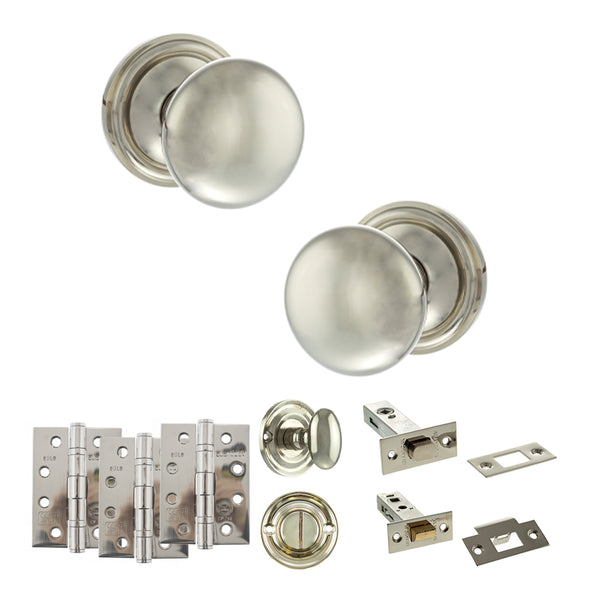 Old English Harrogate Door Knob Pack (Bathroom Set - 4" Deadbolt, 4" Fire Rated Hinges x3) by Atlantic Hardware