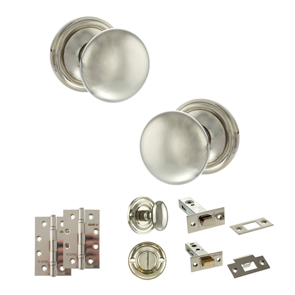 Old English Harrogate Door Knob Pack (Bathroom Set - 3" Deadbolt, 4" Slim Knuckle Hinges x2) by Atlantic Hardware