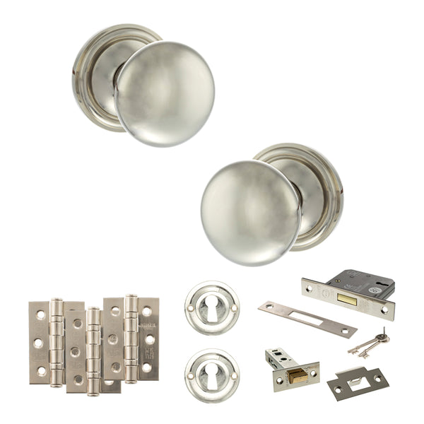 Old English Harrogate Door Knob Pack (Lock Set - 3" Latch & Deadlock, 3" Fire Rated Hinges x3) by Atlantic Hardware