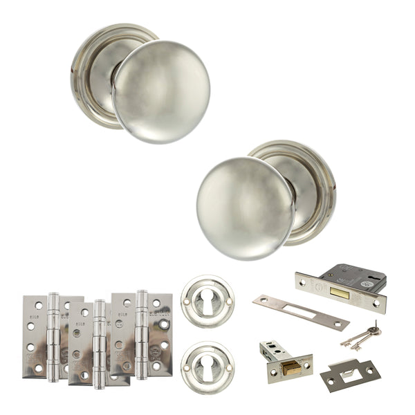 Old English Harrogate Door Knob Pack (Lock Set - 3" Latch & Deadlock, 4" Fire Rated Hinges x3) by Atlantic Hardware
