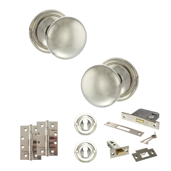 Old English Harrogate Door Knob Pack (Lock Set - 3" Latch & Deadlock, 4" Slim Knuckle Hinges x2) by Atlantic Hardware