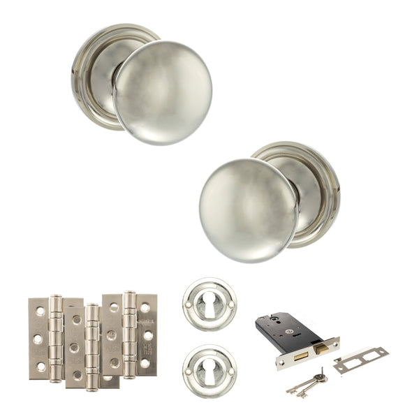 Old English Harrogate Door Knob Pack (Lock Set - Horizontal Sashlock, 3" Fire Rated Hinges x3) by Atlantic Hardware