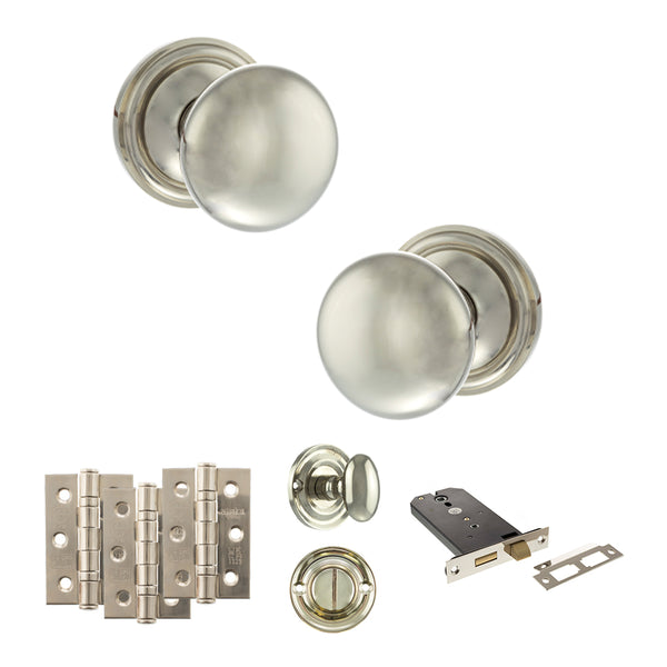Old English Harrogate Door Knob Pack (Lock Set - Horizontal Bathlock, 3" Fire Rated Hinges x3) by Atlantic Hardware