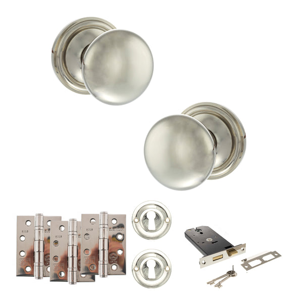 Old English Harrogate Door Knob Pack (Lock Set - Horizontal Sashlock, 4" Fire Rated Hinges x3) by Atlantic Hardware