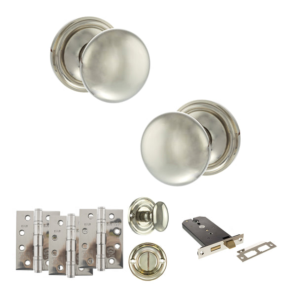 Old English Harrogate Door Knob Pack (Lock Set - Horizontal Bathlock, 4" Fire Rated Hinges x3) by Atlantic Hardware