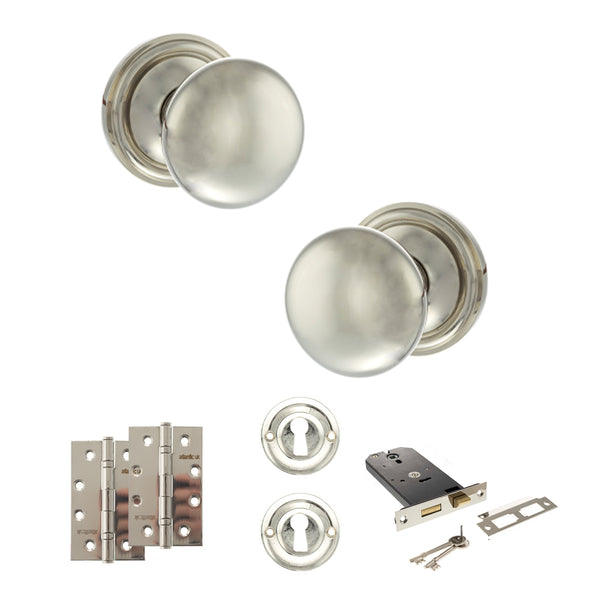 Old English Harrogate Door Knob Pack (Lock Set - Horizontal Sashlock, 4" Slim Knuckle Hinges x2) by Atlantic Hardware