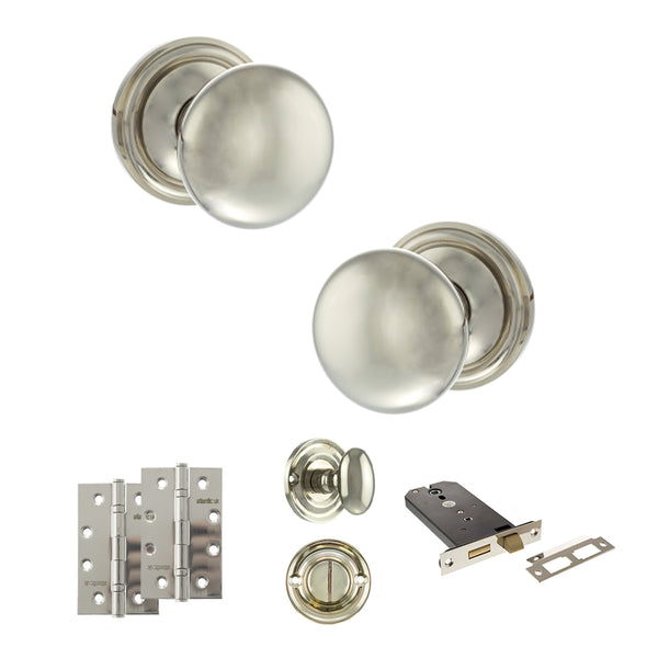 Old English Harrogate Door Knob Pack (Lock Set - Horizontal Bathlock, 4" Slim Knuckle Hinges x2) by Atlantic Hardware
