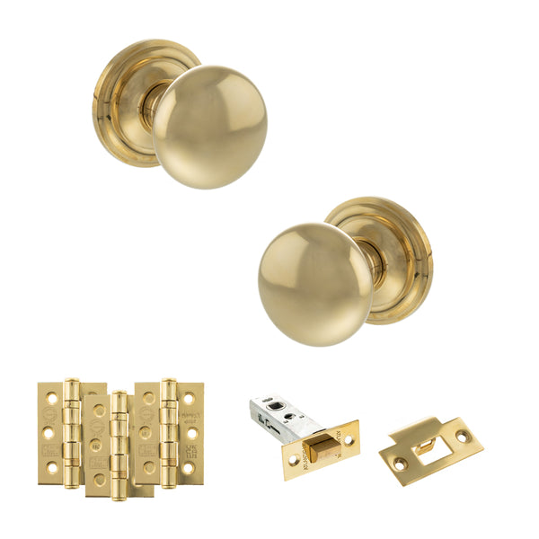 Old English Harrogate Door Knob Pack (Latch Set - 4" HD Latch, 3" Fire Rated Hinges x3) by Atlantic Hardware