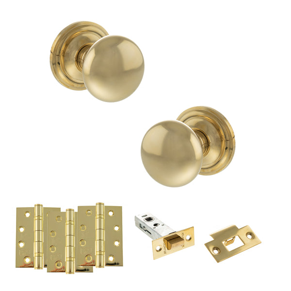 Old English Harrogate Door Knob Pack (Latch Set - 3" HD Latch, 4" Fire Rated Hinges x3) by Atlantic Hardware