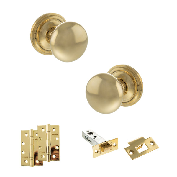 Old English Harrogate Door Knob Pack (Latch Set - 3" HD Latch, 4" Slim Knuckle Hinges x2) by Atlantic Hardware