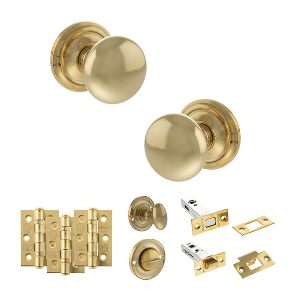 Old English Harrogate Door Knob Pack (Bathroom Set - 3" Deadbolt, 3" Fire Rated Hinges x3) by Atlantic Hardware