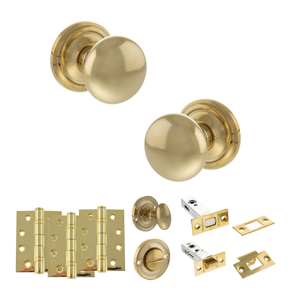 Old English Harrogate Door Knob Pack (Bathroom Set - 3" Deadbolt, 4" Fire Rated Hinges x3) by Atlantic Hardware