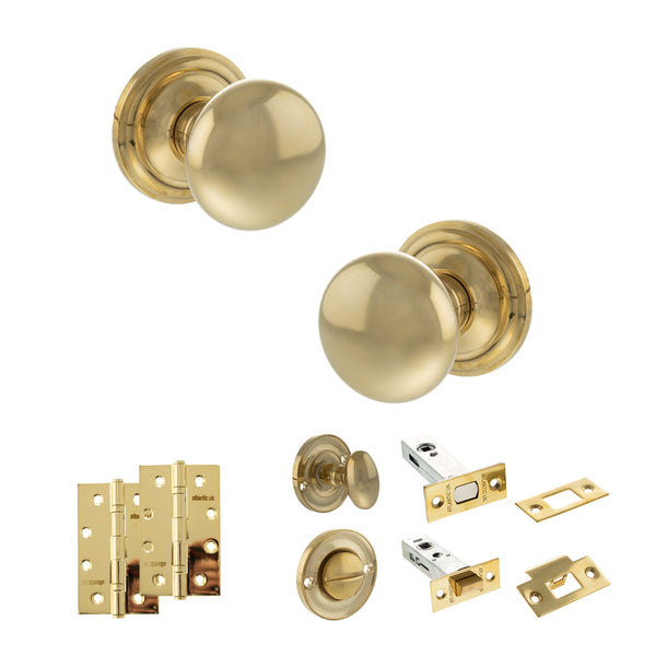 Old English Harrogate Door Knob Pack (Bathroom Set - 4" Deadbolt, 4" Slim Knuckle Hinges x2) by Atlantic Hardware