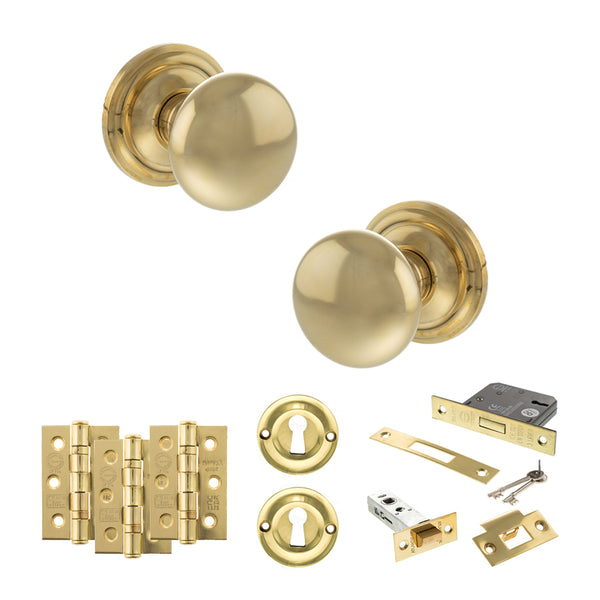 Old English Harrogate Door Knob Pack (Lock Set - 3" Latch & Deadlock, 3" Fire Rated Hinges x3) by Atlantic Hardware