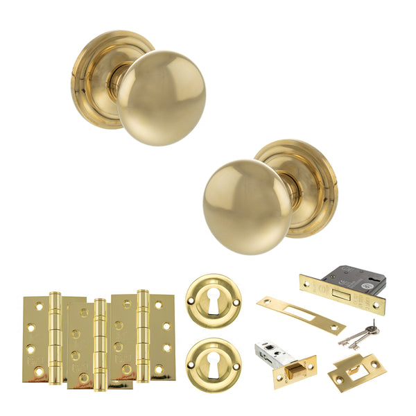Old English Harrogate Door Knob Pack (Lock Set - 3" Latch & Deadlock, 4" Fire Rated Hinges x3) by Atlantic Hardware