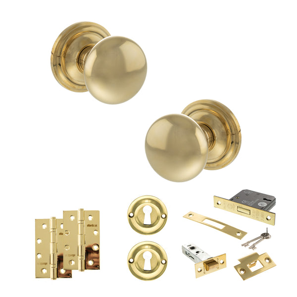 Old English Harrogate Door Knob Pack (Lock Set - 3" Latch & Deadlock, 4" Slim Knuckle Hinges x2) by Atlantic Hardware