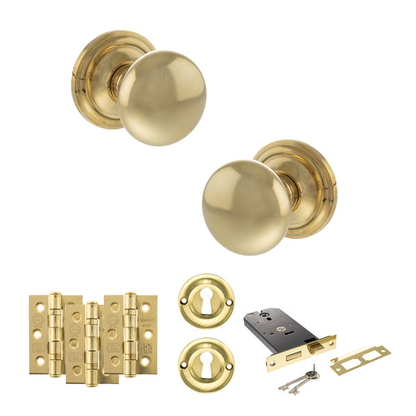 Old English Harrogate Door Knob Pack (Lock Set - Horizontal Sashlock, 3" Fire Rated Hinges x3) by Atlantic Hardware