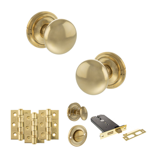 Old English Harrogate Door Knob Pack (Lock Set - Horizontal Bathlock, 3" Fire Rated Hinges x3) by Atlantic Hardware