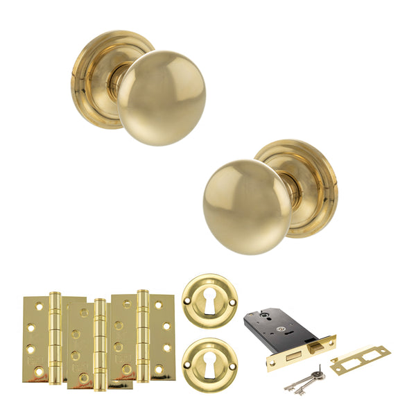 Old English Harrogate Door Knob Pack (Lock Set - Horizontal Sashlock, 4" Fire Rated Hinges x3) by Atlantic Hardware