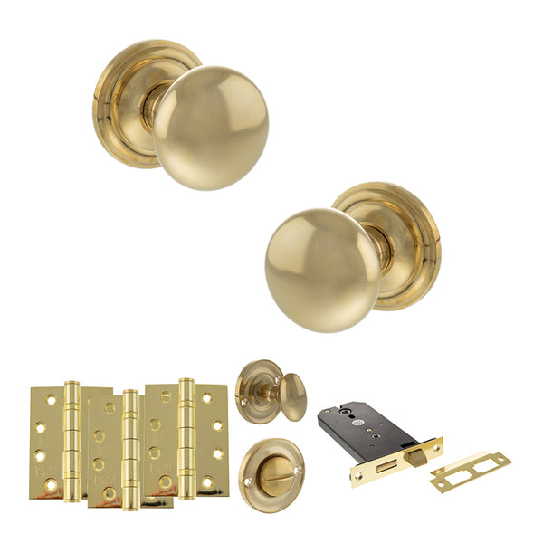 Old English Harrogate Door Knob Pack (Lock Set - Horizontal Bathlock, 4" Fire Rated Hinges x3) by Atlantic Hardware