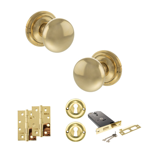 Old English Harrogate Door Knob Pack (Lock Set - Horizontal Sashlock, 4" Slim Knuckle Hinges x2) by Atlantic Hardware