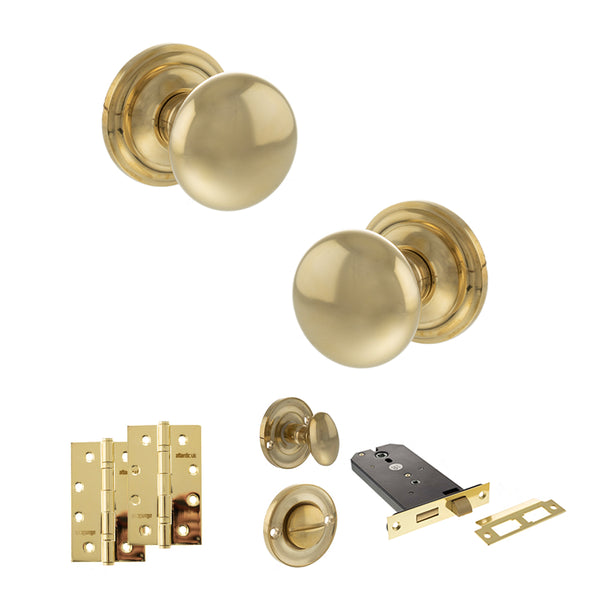 Old English Harrogate Door Knob Pack (Lock Set - Horizontal Bathlock, 4" Slim Knuckle Hinges x2) by Atlantic Hardware