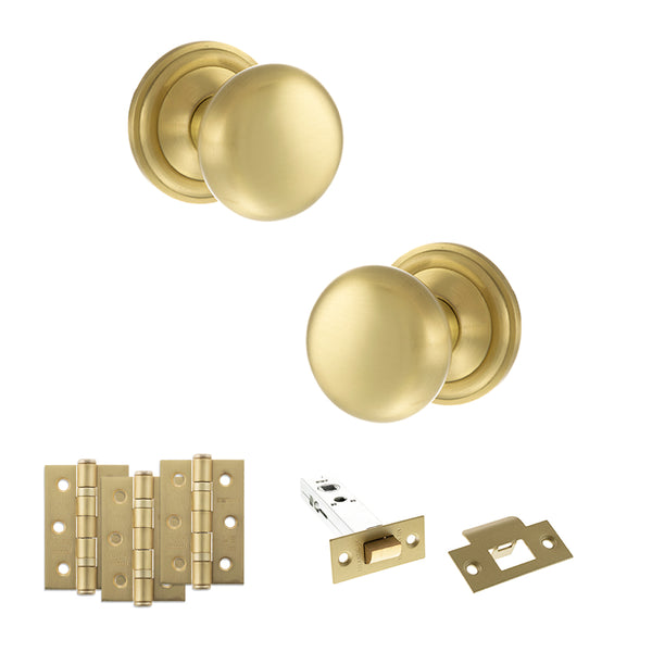 Old English Harrogate Door Knob Pack (Latch Set - 4" HD Latch, 3" Fire Rated Hinges x3) by Atlantic Hardware
