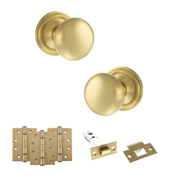 Old English Harrogate Door Knob Pack (Latch Set - 4" HD Latch, 4" Fire Rated Hinges x3) by Atlantic Hardware
