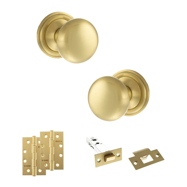 Old English Harrogate Door Knob Pack (Latch Set - 4" HD Latch, 4" Slim Knuckle Hinges x2) by Atlantic Hardware