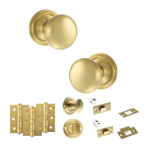 Old English Harrogate Door Knob Pack (Bathroom Set - 3" Deadbolt, 3" Fire Rated Hinges x3) by Atlantic Hardware