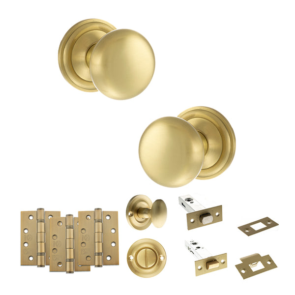 Old English Harrogate Door Knob Pack (Bathroom Set - 4" Deadbolt, 4" Fire Rated Hinges x3) by Atlantic Hardware