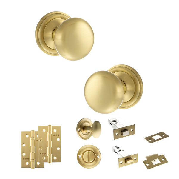 Old English Harrogate Door Knob Pack (Bathroom Set - 3" Deadbolt, 4" Slim Knuckle Hinges x2) by Atlantic Hardware