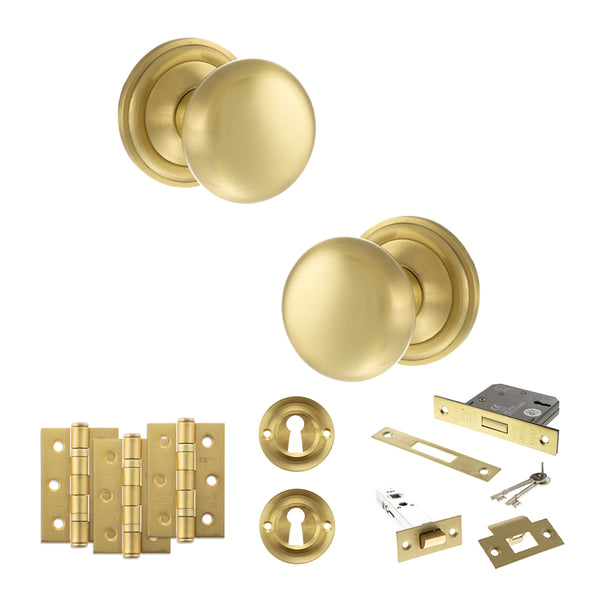Old English Harrogate Door Knob Pack (Lock Set - 3" Latch & Deadlock, 3" Fire Rated Hinges x3) by Atlantic Hardware