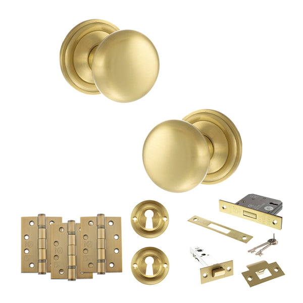 Old English Harrogate Door Knob Pack (Lock Set - 3" Latch & Deadlock, 4" Fire Rated Hinges x3) by Atlantic Hardware