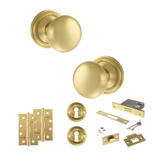 Old English Harrogate Door Knob Pack (Lock Set - 3" Latch & Deadlock, 4" Slim Knuckle Hinges x2) by Atlantic Hardware
