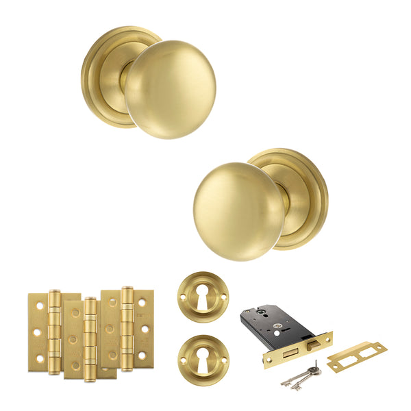 Old English Harrogate Door Knob Pack (Lock Set - Horizontal Sashlock, 3" Fire Rated Hinges x3) by Atlantic Hardware