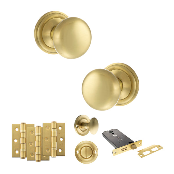 Old English Harrogate Door Knob Pack (Lock Set - Horizontal Bathlock, 3" Fire Rated Hinges x3) by Atlantic Hardware