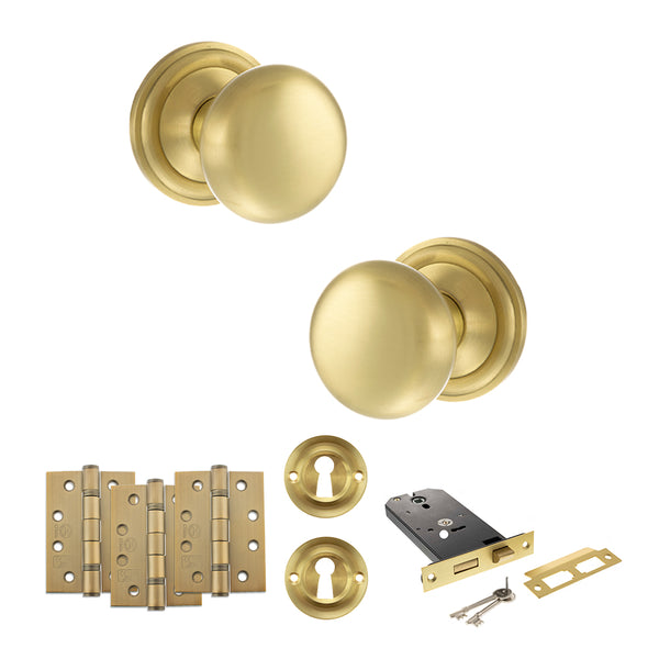 Old English Harrogate Door Knob Pack (Lock Set - Horizontal Sashlock, 4" Fire Rated Hinges x3) by Atlantic Hardware