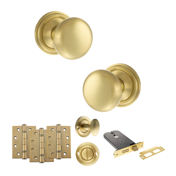 Old English Harrogate Door Knob Pack (Lock Set - Horizontal Bathlock, 4" Fire Rated Hinges x3) by Atlantic Hardware