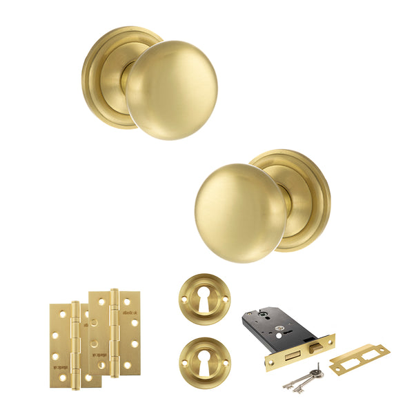 Old English Harrogate Door Knob Pack (Lock Set - Horizontal Sashlock, 4" Slim Knuckle Hinges x2) by Atlantic Hardware