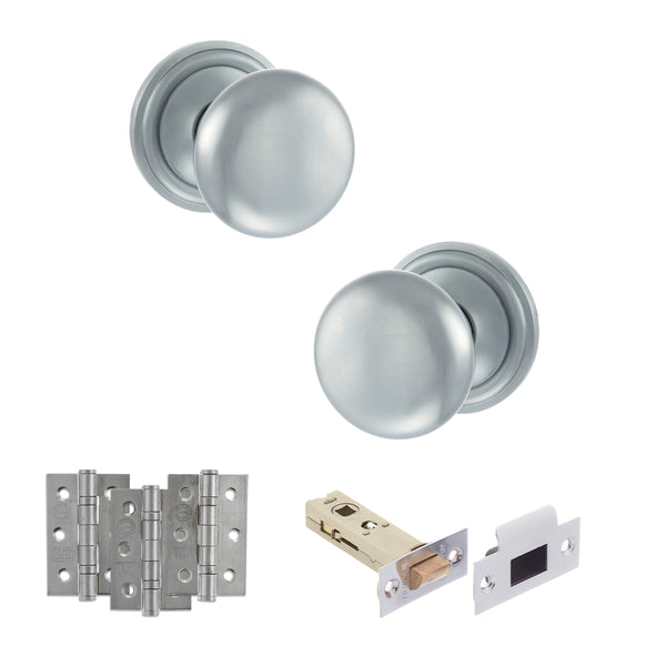 Old English Harrogate Door Knob Pack (Latch Set - 4" HD Latch, 3" Fire Rated Hinges x3) by Atlantic Hardware