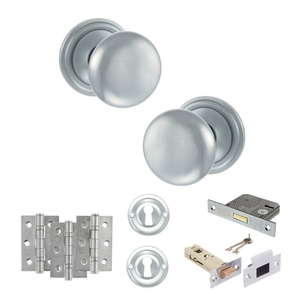 Old English Harrogate Door Knob Pack (Lock Set - 3" Latch & Deadlock, 3" Fire Rated Hinges x3) by Atlantic Hardware