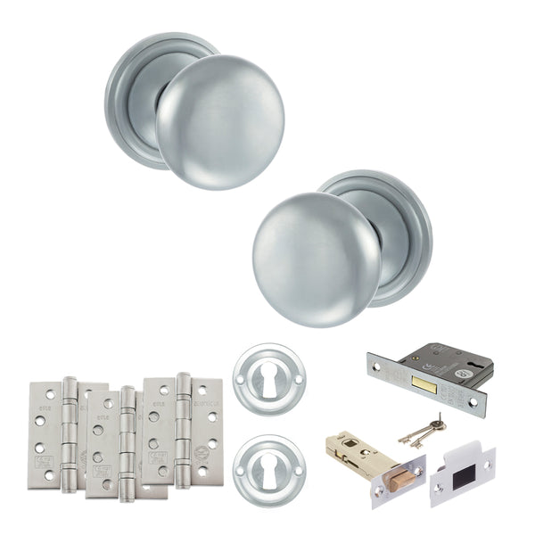 Old English Harrogate Door Knob Pack (Lock Set - 3" Latch & Deadlock, 4" Fire Rated Hinges x3) by Atlantic Hardware
