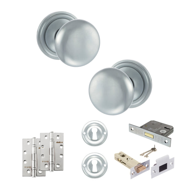 Old English Harrogate Door Knob Pack (Lock Set - 3" Latch & Deadlock, 4" Slim Knuckle Hinges x2) by Atlantic Hardware