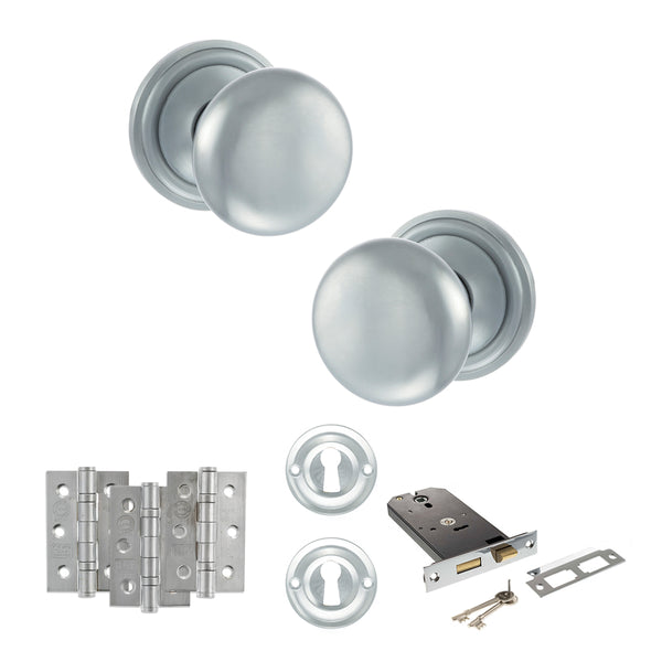 Old English Harrogate Door Knob Pack (Lock Set - Horizontal Sashlock, 3" Fire Rated Hinges x3) by Atlantic Hardware