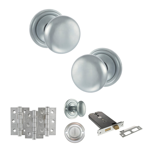 Old English Harrogate Door Knob Pack (Lock Set - Horizontal Bathlock, 3" Fire Rated Hinges x3) by Atlantic Hardware
