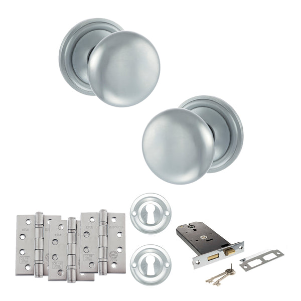 Old English Harrogate Door Knob Pack (Lock Set - Horizontal Sashlock, 4" Fire Rated Hinges x3) by Atlantic Hardware